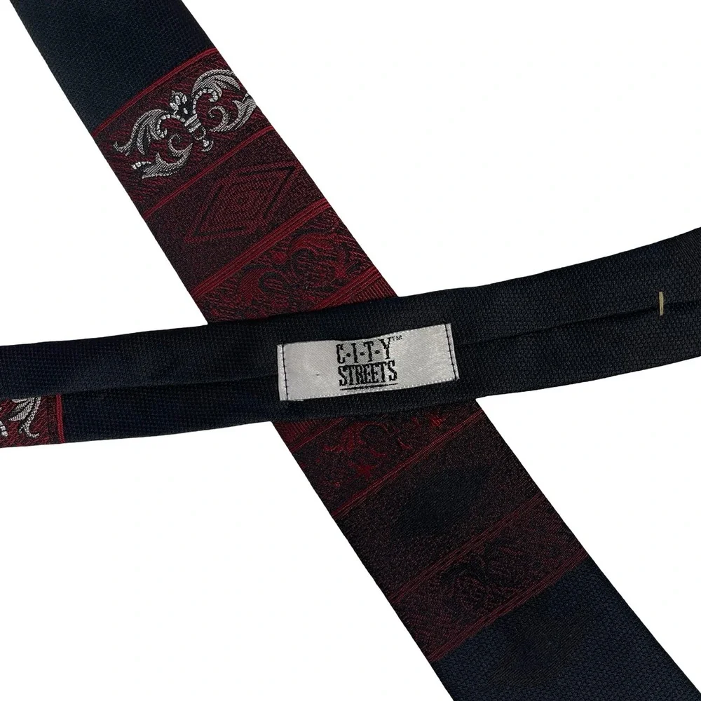 Vintage City Streets Skinny Necktie Tie Black Burgundy Fleur De Lis Geometric